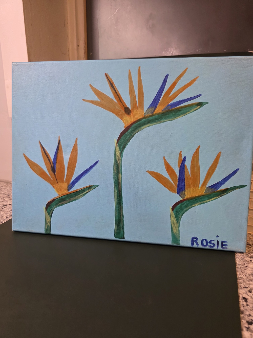 Hand-Painted Floral Canvas Art in Blue and Orange by Rosie